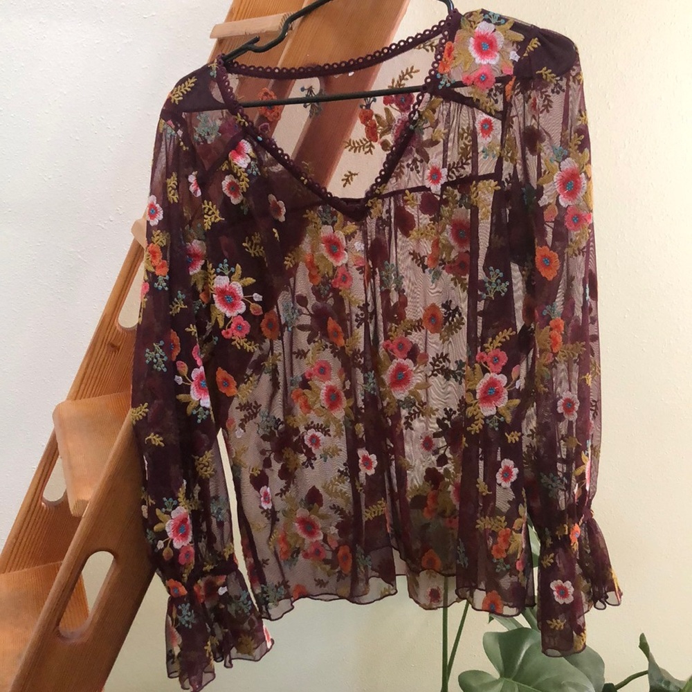 Anthro Sheer Burgundy Embroidered Flower Blouse S